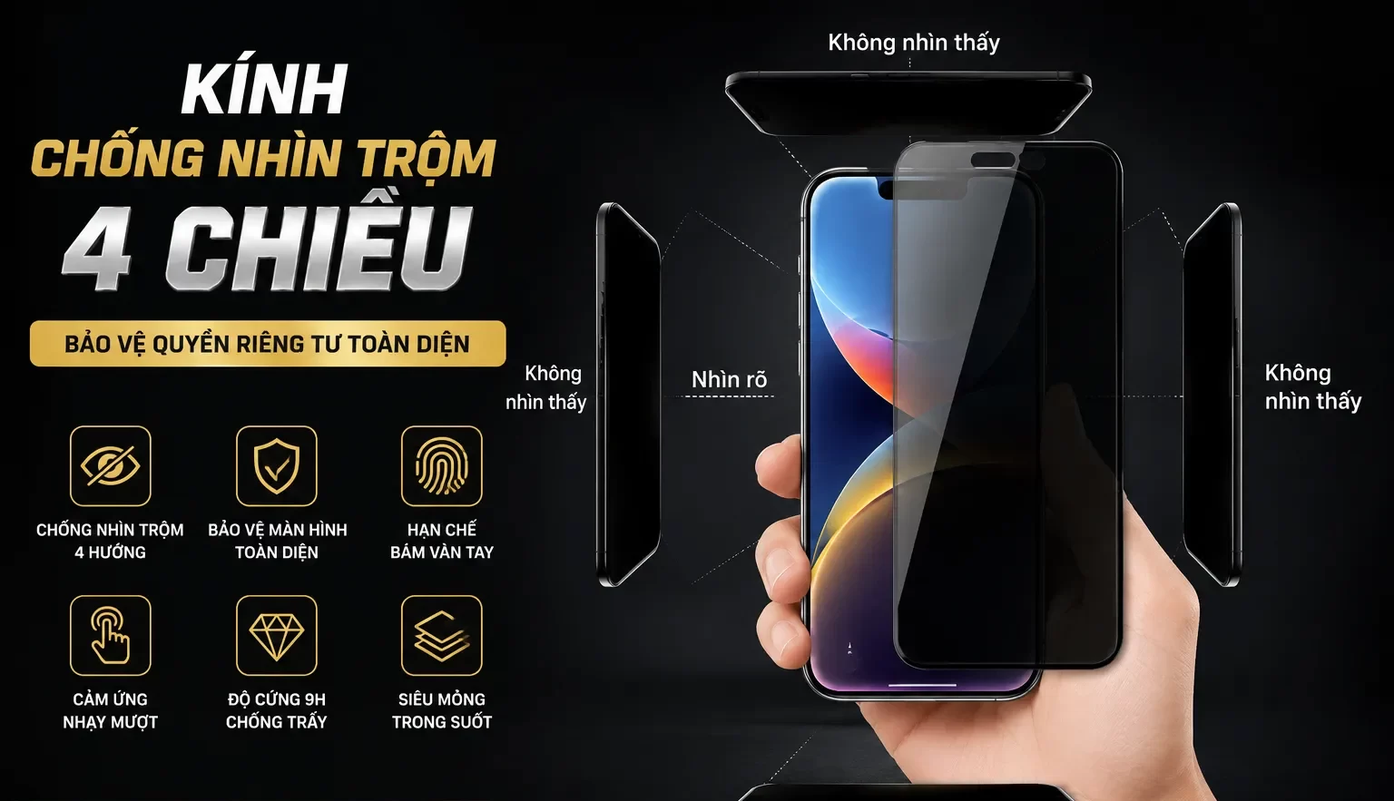 Kính chống nhìn trộm 4 chiều cao cấp tại Tiều Cường Lực, bảo vệ quyền riêng tư từ mọi hướng, chống trầy xước, cảm ứng nhạy và phù hợp nhiều dòng điện thoại.