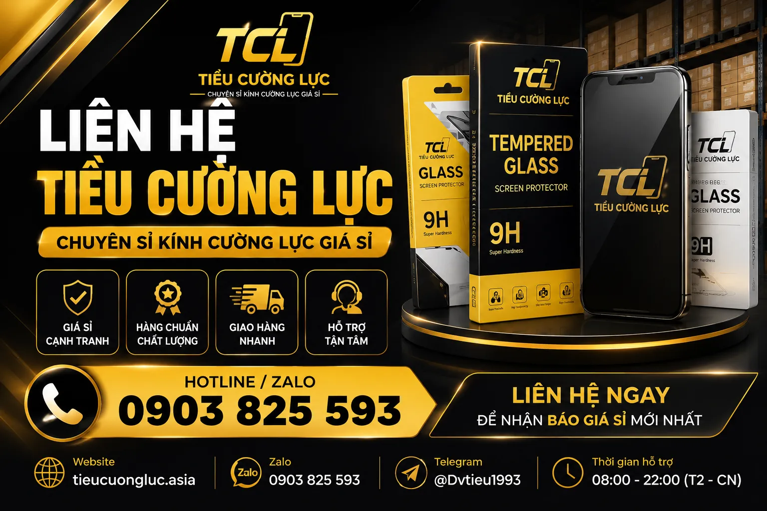 Banner liên hệ Tiều Cường Lực - Chuyên sỉ kính cường lực giá sỉ tại TP.HCM, báo giá nhanh qua Zalo 0903825593.